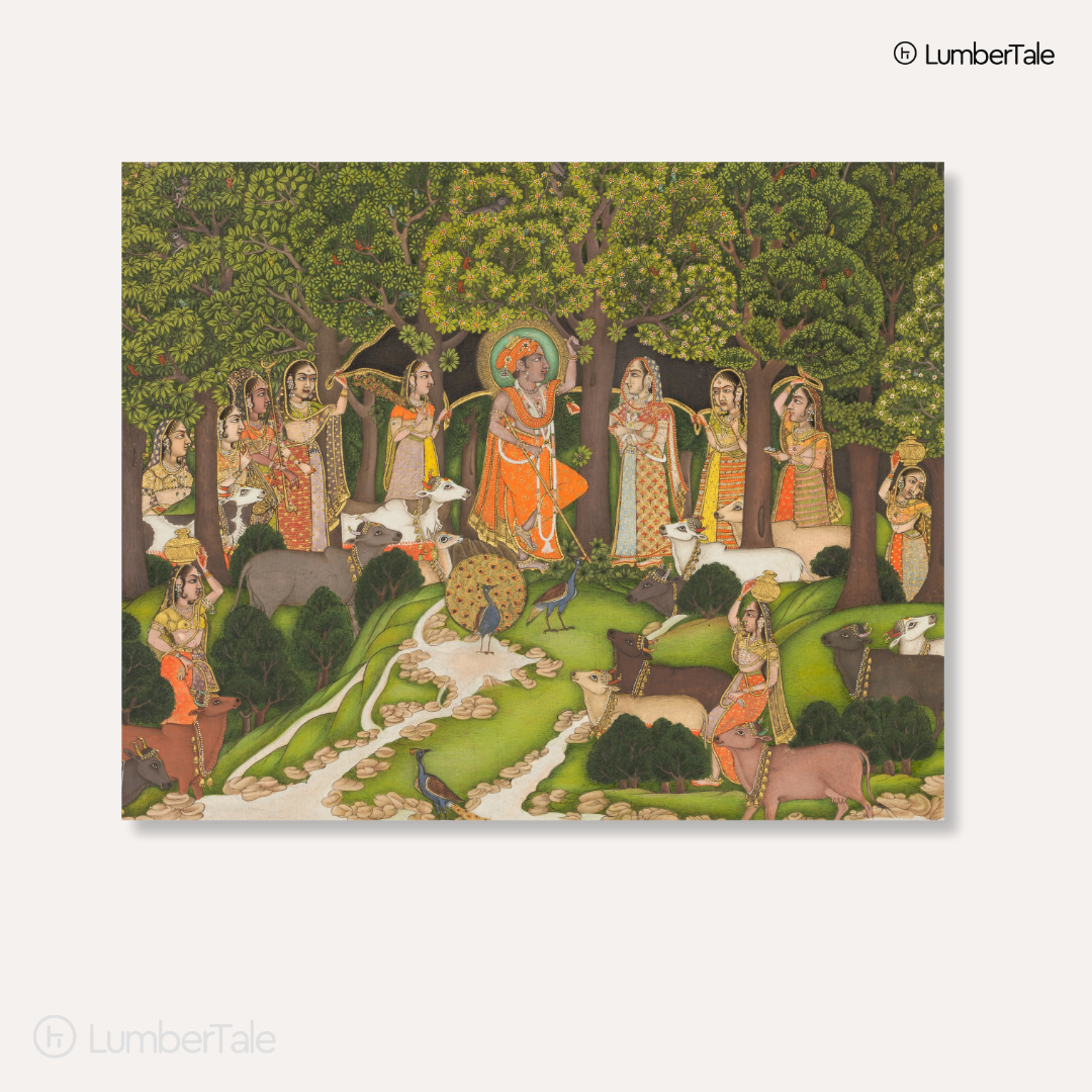 Krishna in Vrindavan - Radha Gopis Cowherd Miniature - Stretched Canvas For Meditation Room Living Area Spiritual Corners