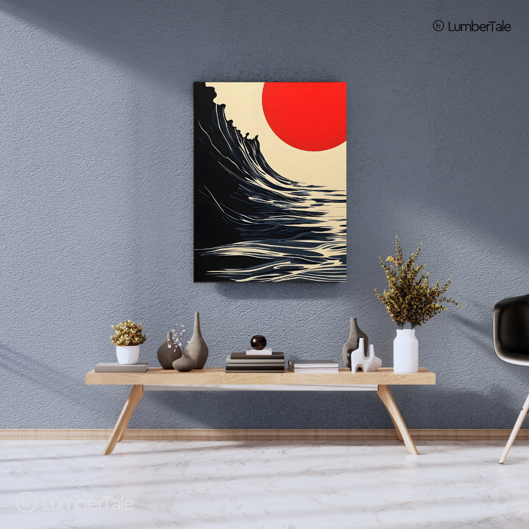 Red Sun, Black Tide - Zen Chaos Energy - Stretched Canvas For Statement Walls, Calm Corners, and Mood-Lit Spaces