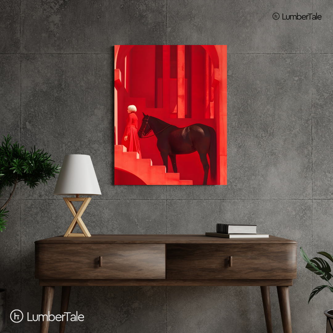 The Keeper of Red Silence – Equine Poise in a Crimson Labyrinth – Stretched Canvas for Luxe Interiors, Art-Focused Corners & Statement Spaces