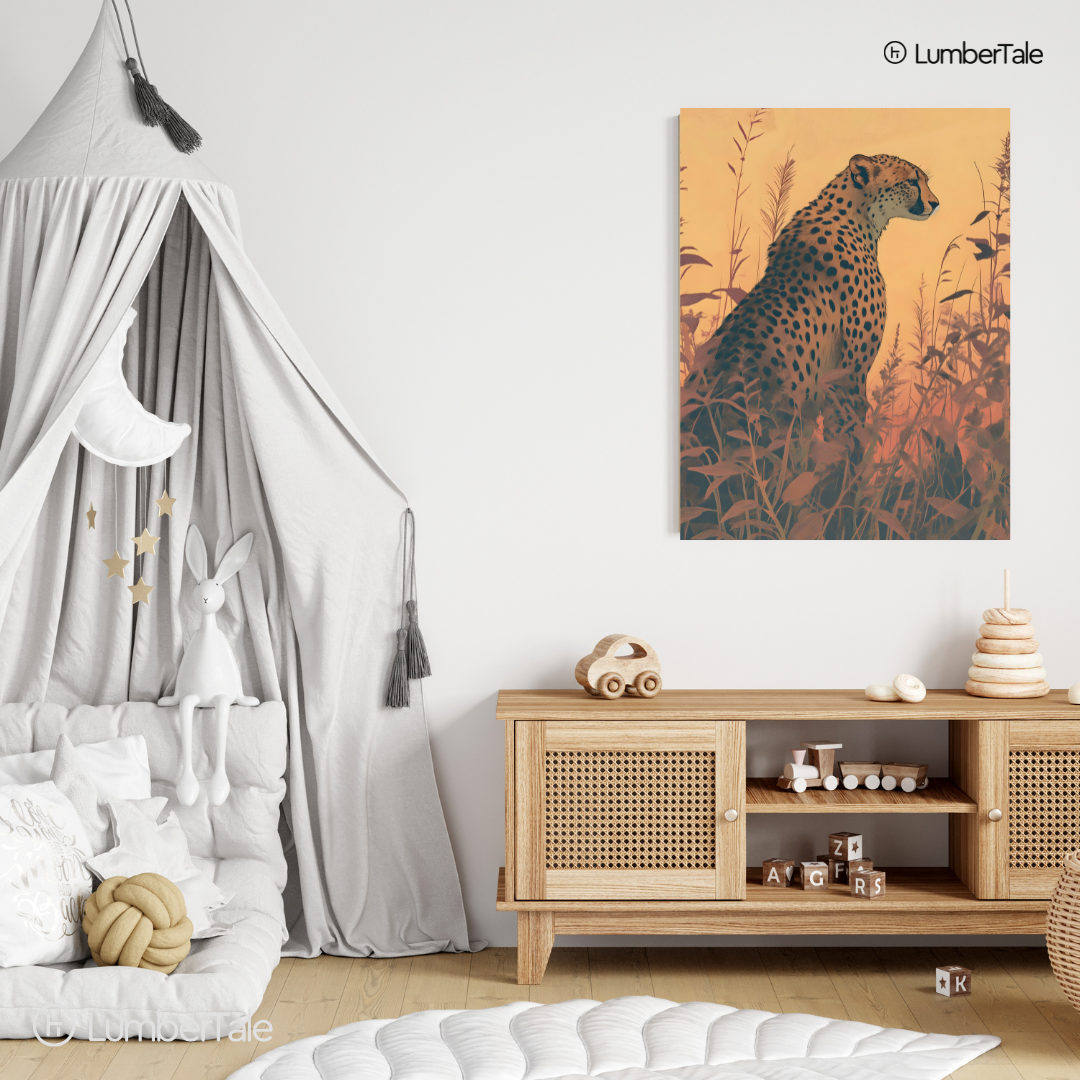 Solstice Sentinel – Cheetah in the Amber Stillness – Stretched Canvas for Earthy Interiors, Nature-Inspired Walls & Curated Silence