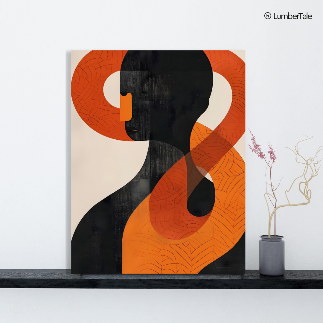 The Quiet Geometry of Thought – Abstract Silhouette in Burnt Orange & Onyx – Stretched Canvas for Modern Studios, Curated Galleries & Reflective Spaces