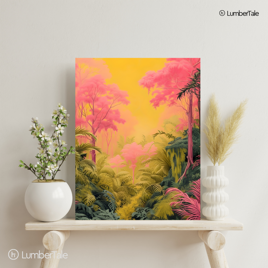 The Bloom Beyond – Tropical Mirage in Neon Canopy – Stretched Canvas for Dreamy Interiors, Luxe Lounges & Botanical Escapes