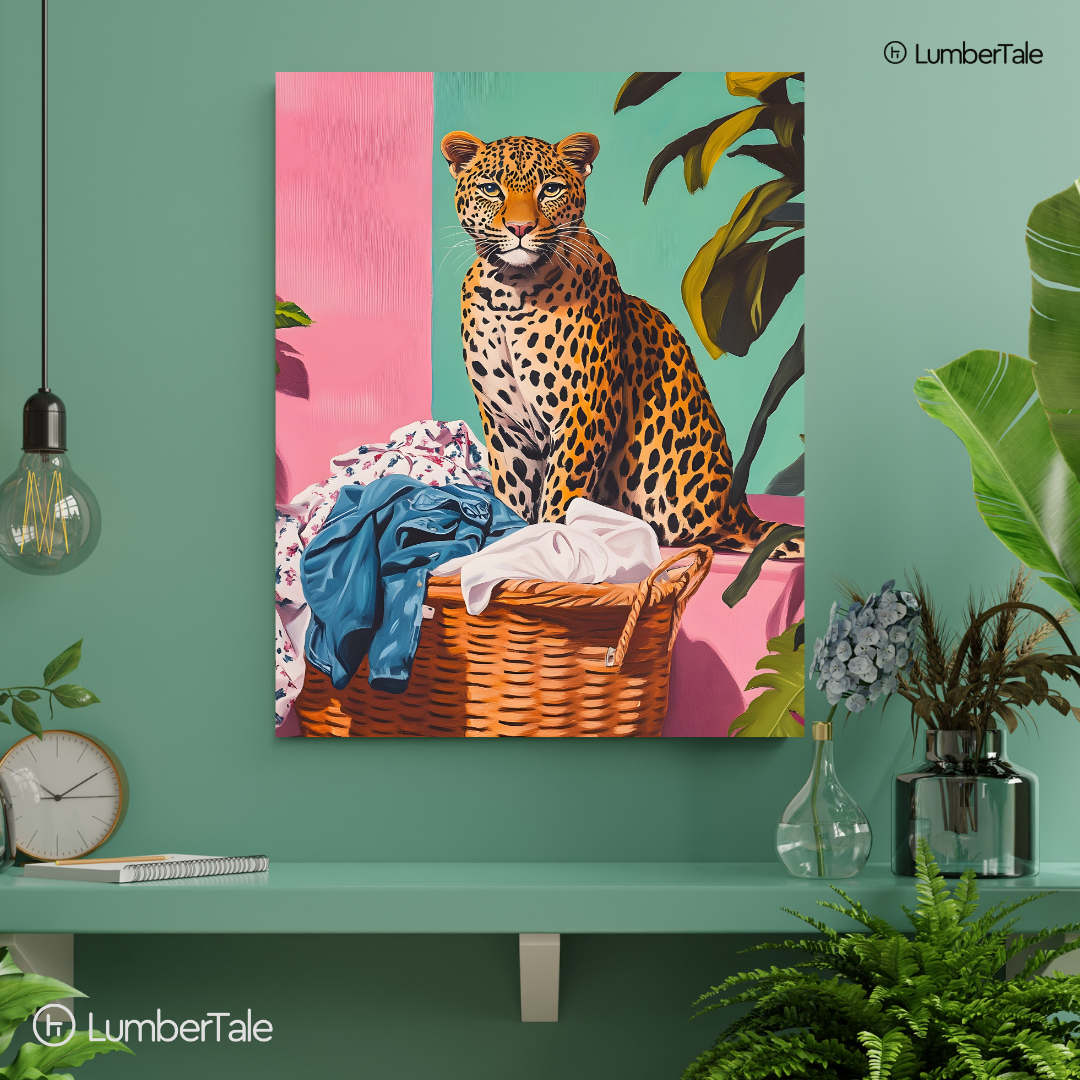 Leopard in the Laundry Room – Wild Meets Domestic – Stretched Canvas for Bold Corners, Quirky Walls & Unapologetic Interiors