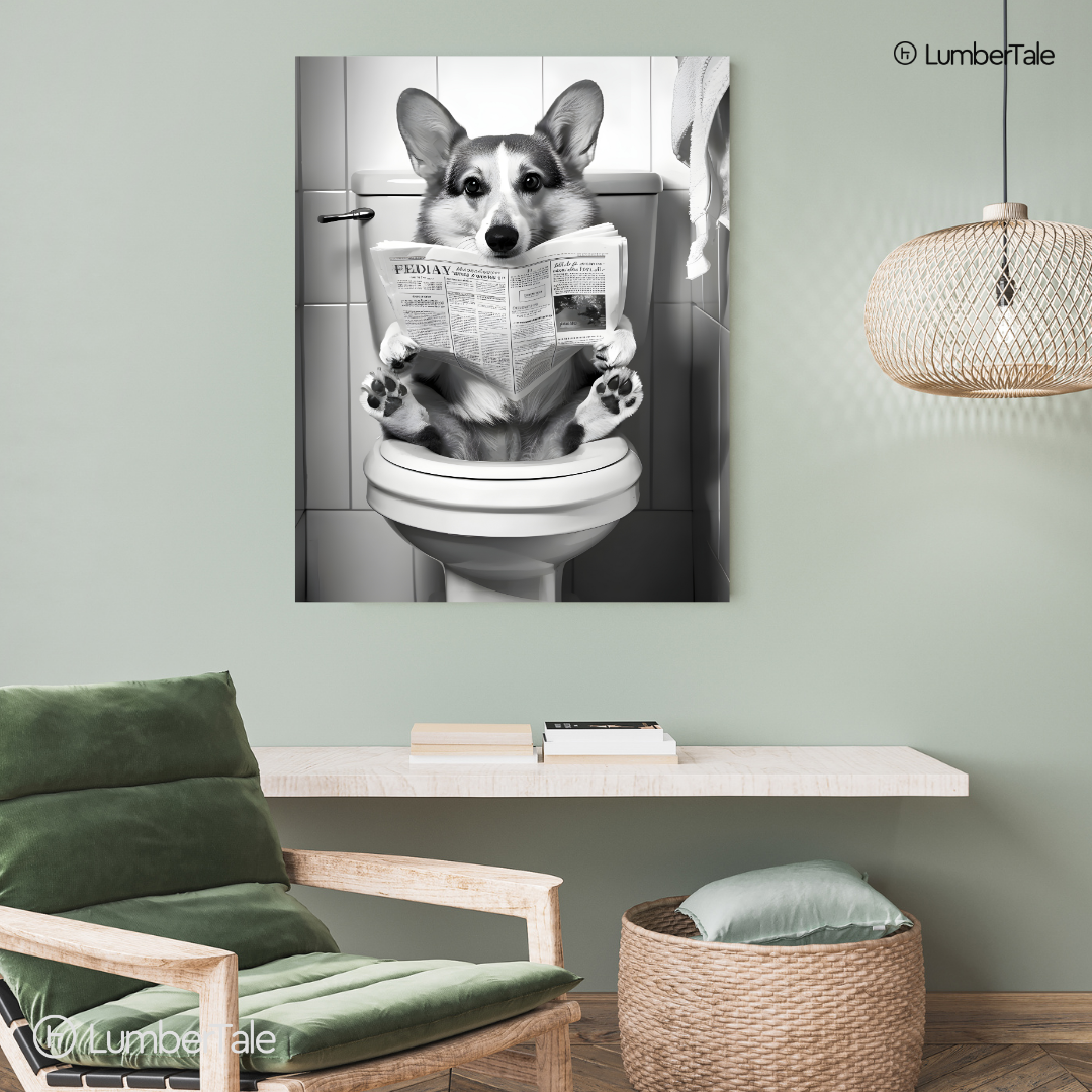 Pawperazzi Privacy – The Toilet Corgi Chronicles – Stretched Canvas for Loo Laughs, Guest Bathrooms & Dog-Loving Homes