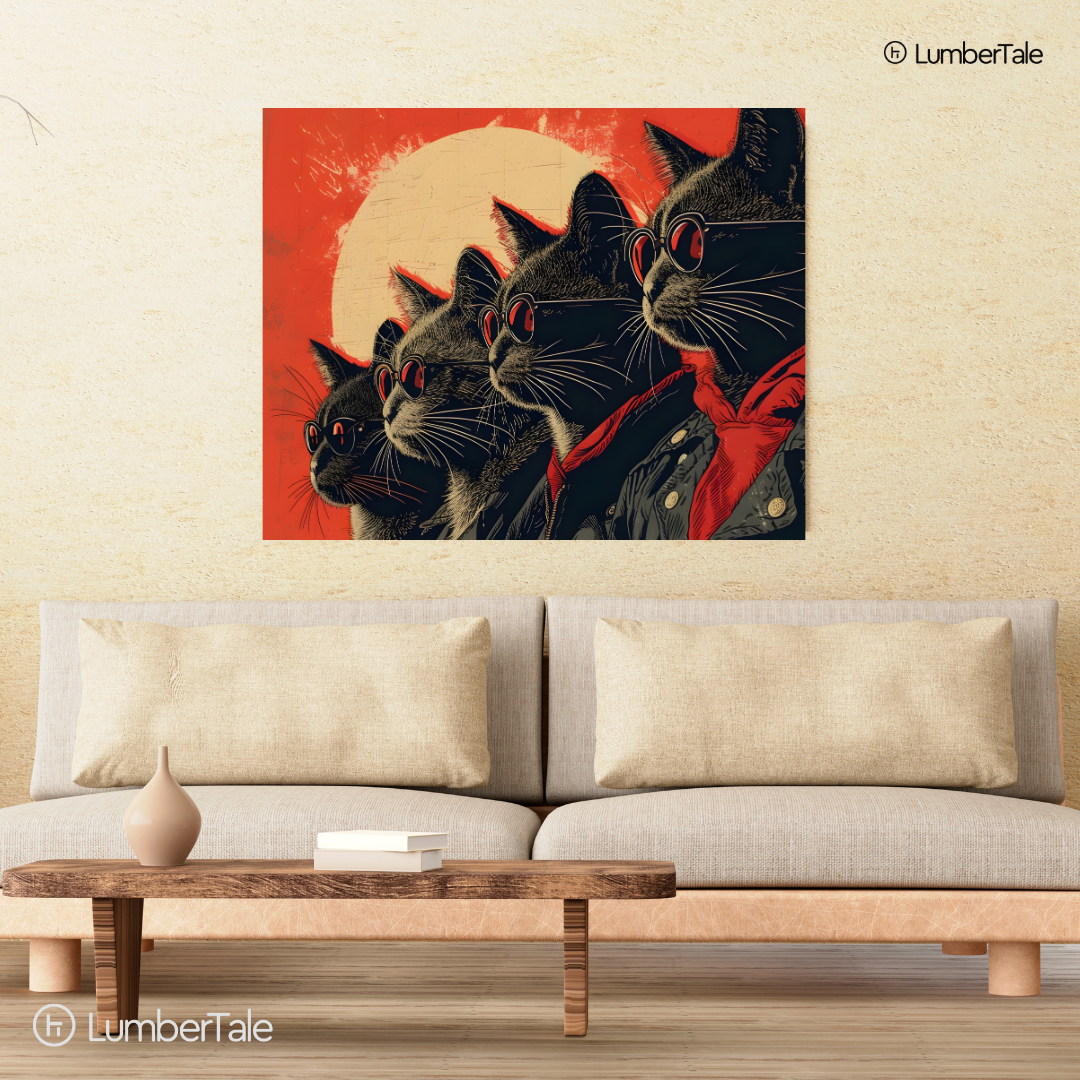 The Meowbassadors – Cats, Coolness & Crimson Vibes – Stretched Canvas for Rebels With Claws