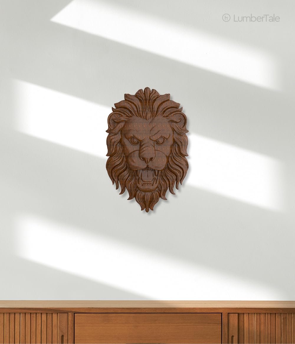 Brown Shera Lion Animal 3D Wooden Art Crafted Wall Hanging Sculpture For Home Decor