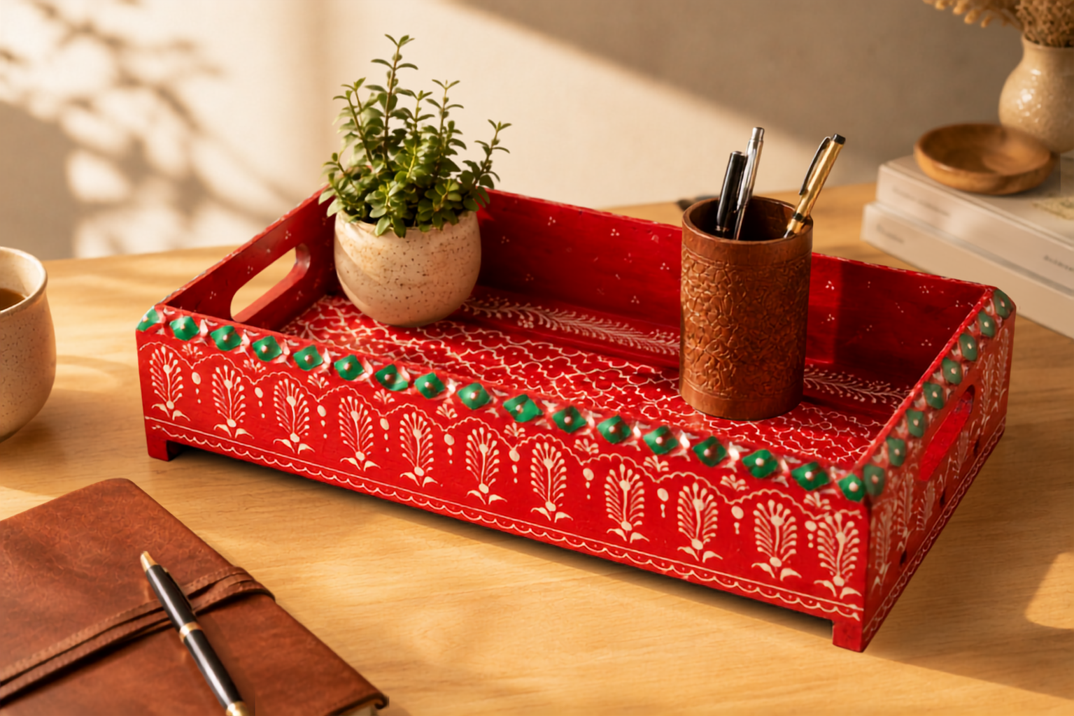 The Scarlet Chai Parade – Handcrafted Wooden Serving Tray