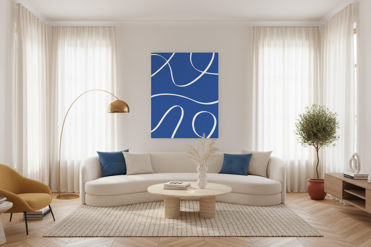 Blue Abstract Canvas Living Room Mockup
