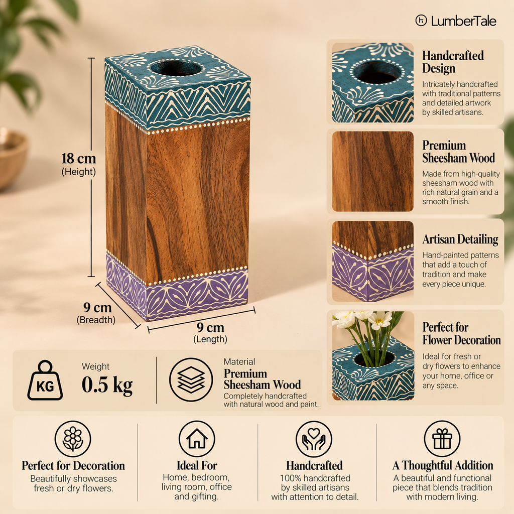 The Royal Muse – Handcrafted Wooden Vase & Pen Stand