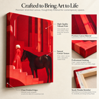 The Keeper of Red Silence – Equine Poise in a Crimson Labyrinth – Stretched Canvas for Luxe Interiors, Art-Focused Corners & Statement Spaces