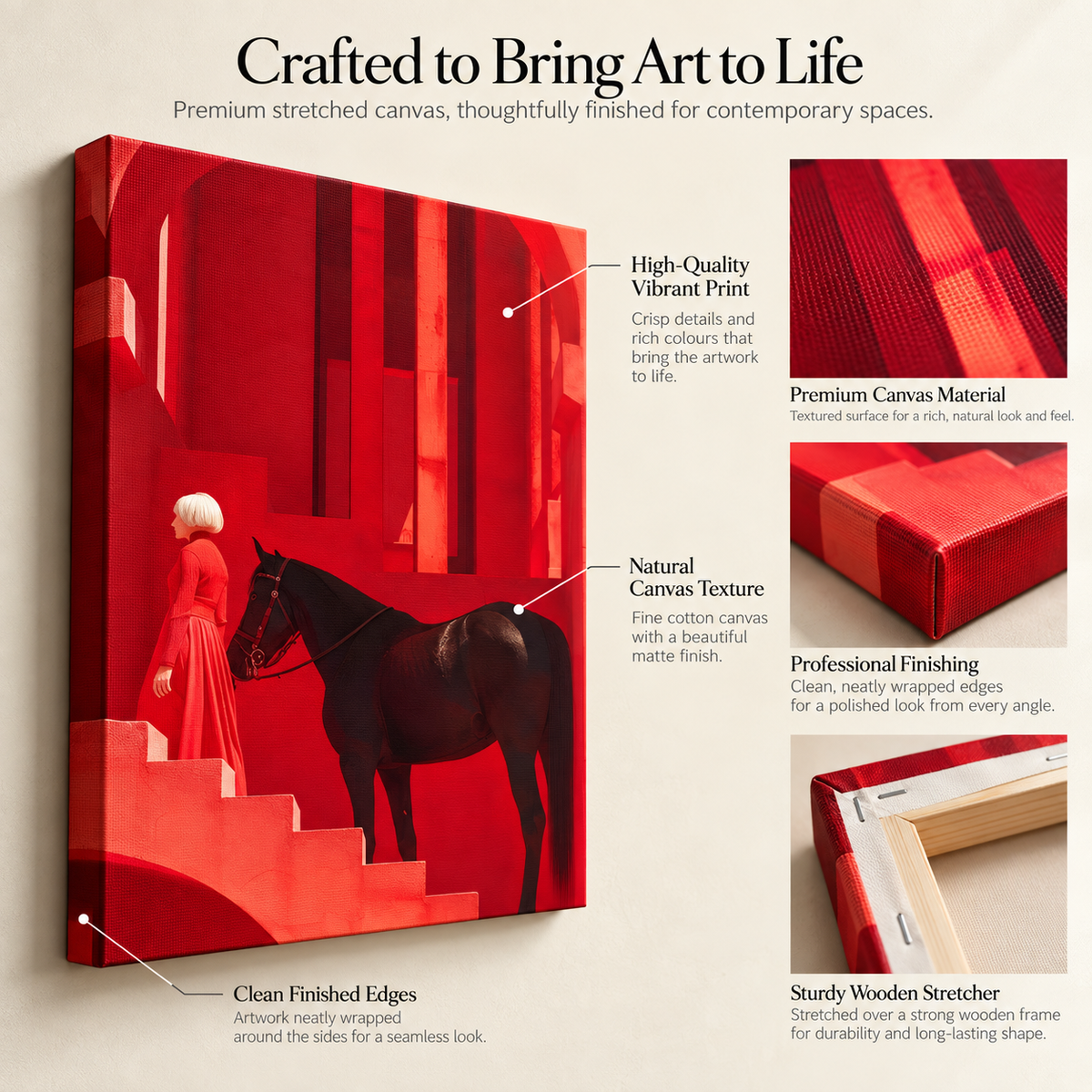 The Keeper of Red Silence – Equine Poise in a Crimson Labyrinth – Stretched Canvas for Luxe Interiors, Art-Focused Corners & Statement Spaces