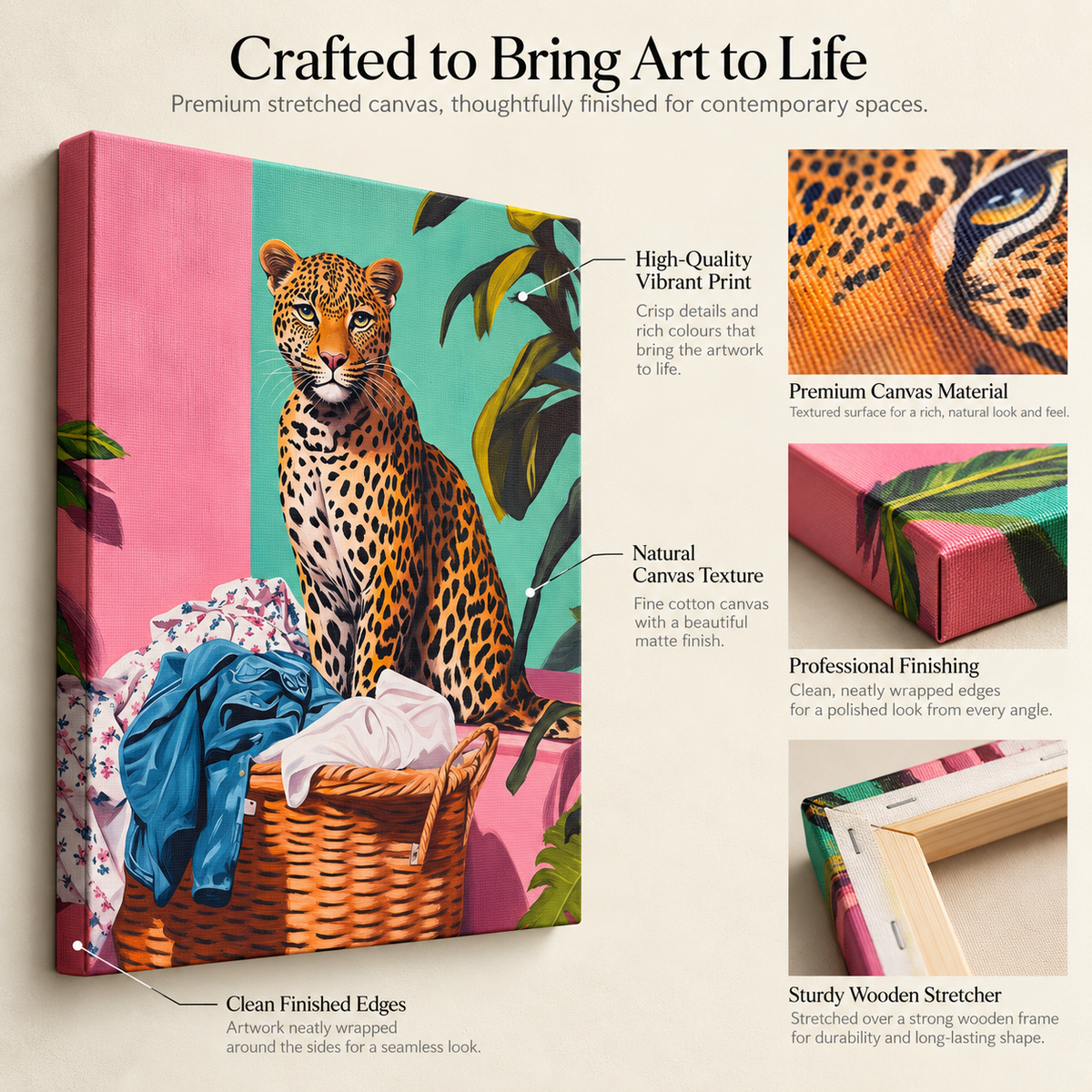 Leopard in the Laundry Room – Wild Meets Domestic – Stretched Canvas for Bold Corners, Quirky Walls & Unapologetic Interiors