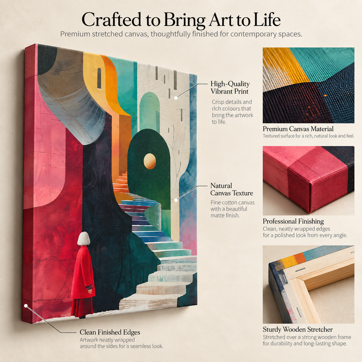Stairways & Strange Moons - A Surrealist Stroll - Stretched Canvas For Art-Obsessed Corners, Gallery Walls, and Cosmic Daydreamers