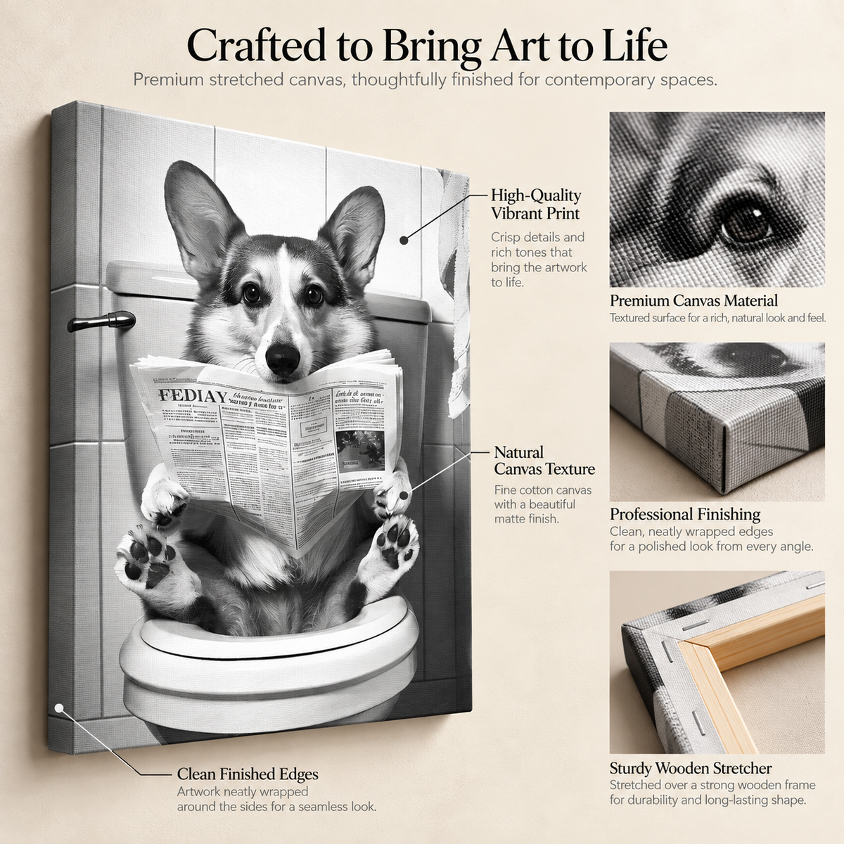 Pawperazzi Privacy – The Toilet Corgi Chronicles – Stretched Canvas for Loo Laughs, Guest Bathrooms & Dog-Loving Homes