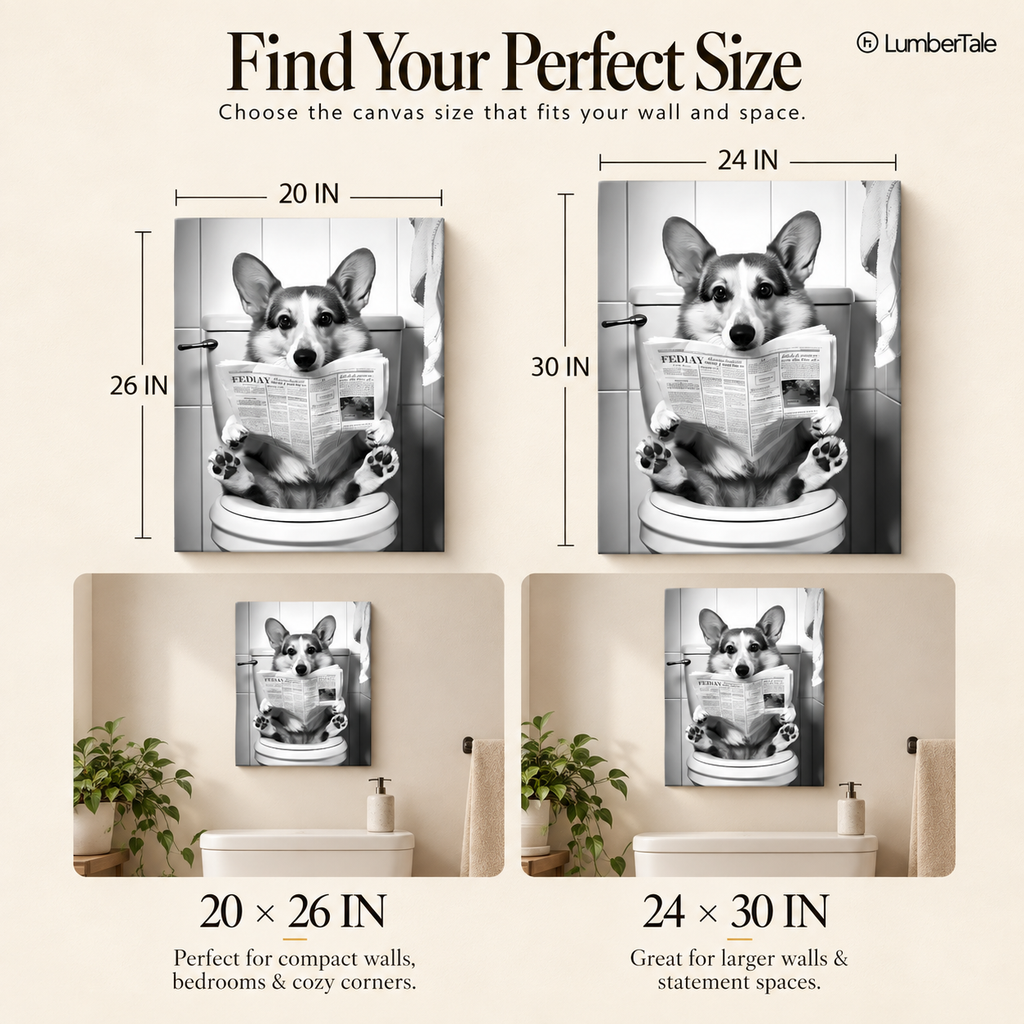 Pawperazzi Privacy – The Toilet Corgi Chronicles – Stretched Canvas for Loo Laughs, Guest Bathrooms & Dog-Loving Homes