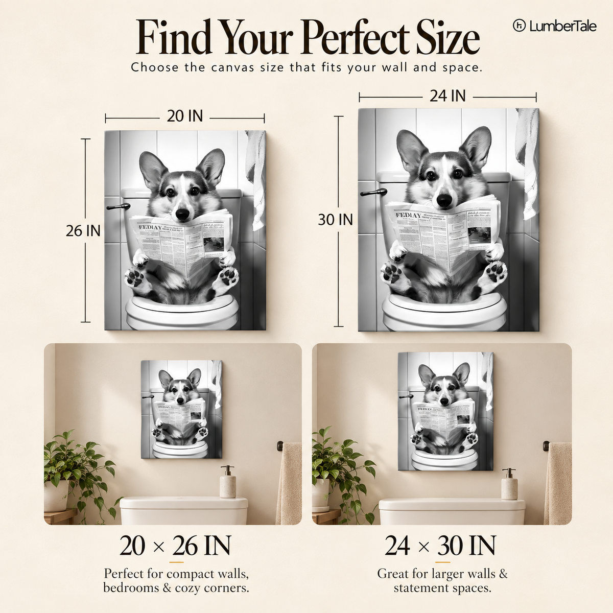 Pawperazzi Privacy – The Toilet Corgi Chronicles – Stretched Canvas for Loo Laughs, Guest Bathrooms & Dog-Loving Homes