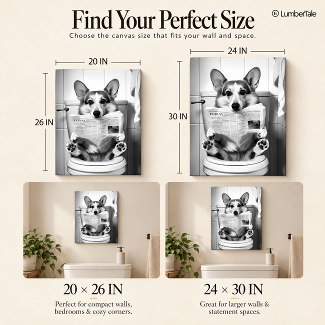 Pawperazzi Privacy – The Toilet Corgi Chronicles – Stretched Canvas for Loo Laughs, Guest Bathrooms & Dog-Loving Homes Main Image