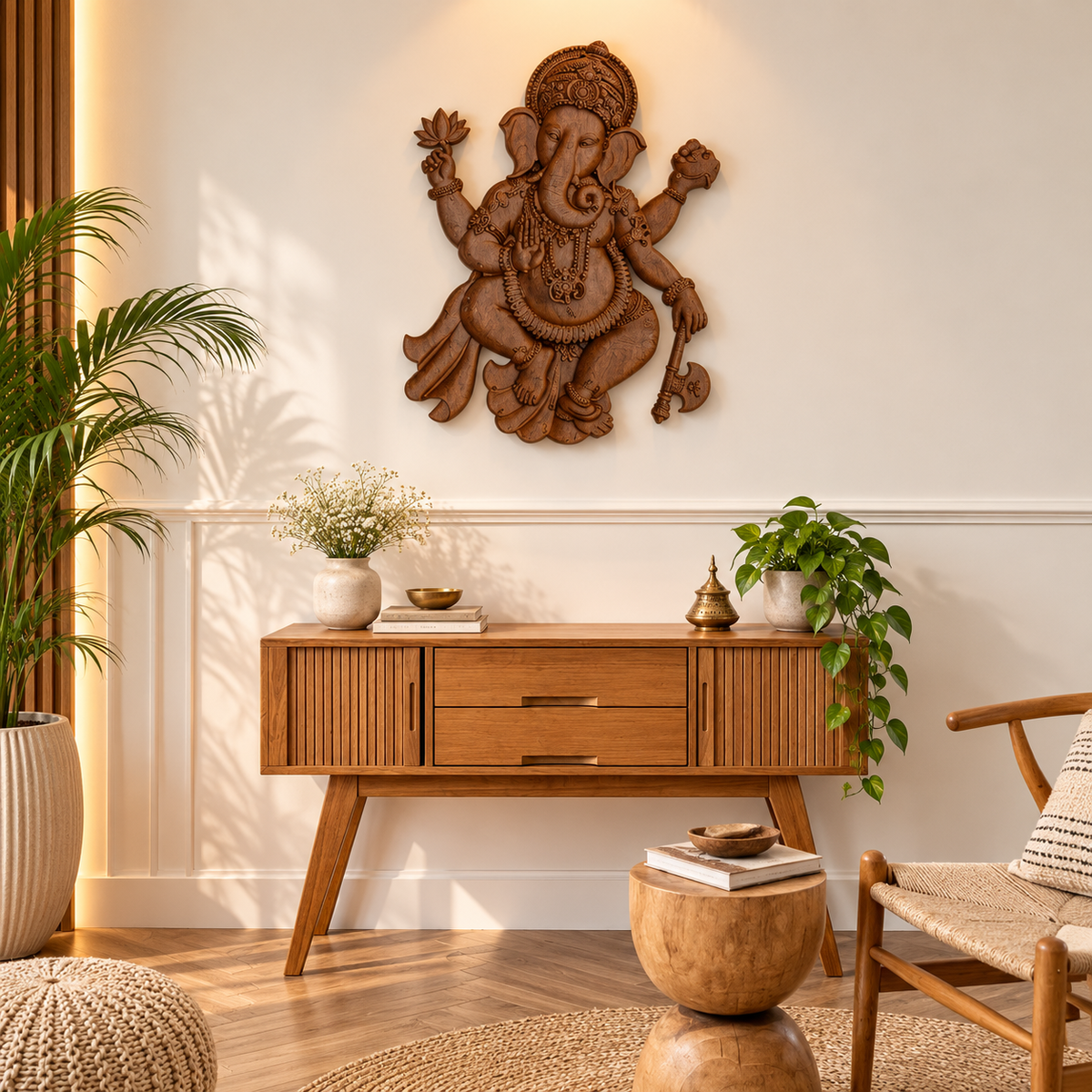 Brown 3D Wooden Art Ganesha For Home Wall Decor Religious Good Luck Decorative Showpiece - 45 Cm