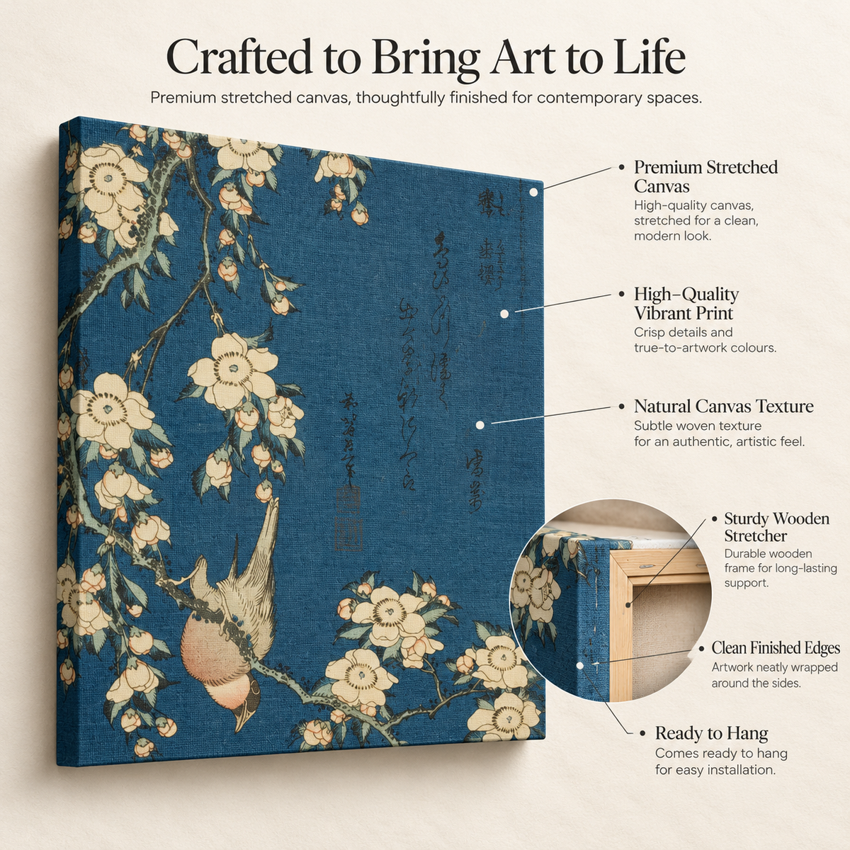 Blossoms & Brushstrokes - Sakura Dreams On Indigo - Stretched Canvas For Reading Nooks Zen Corners Art-Loving Souls