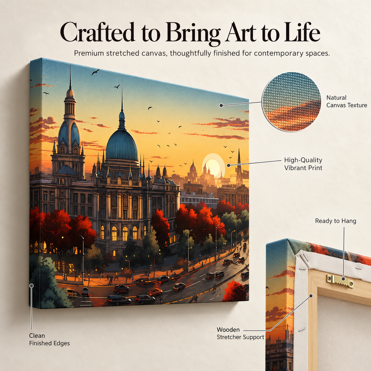 Dome Dreams – Golden Hour Over the City on Stretched Canvas