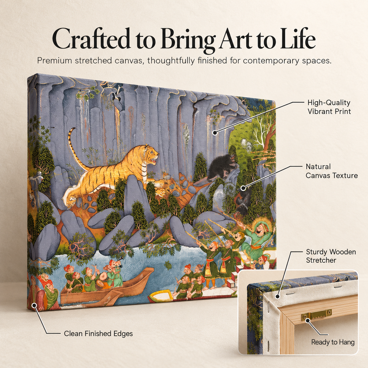 Tiger in Courtroom Chaos - Miniature Jungle Art - Stretched Canvas For Study Room Library Hallway Living Room
