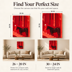 The Keeper of Red Silence – Equine Poise in a Crimson Labyrinth – Stretched Canvas for Luxe Interiors, Art-Focused Corners & Statement Spaces