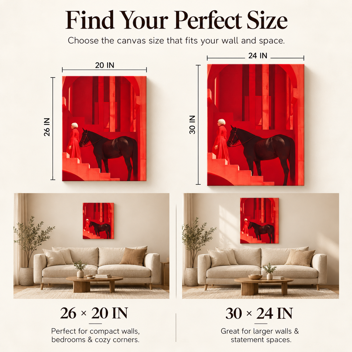 The Keeper of Red Silence – Equine Poise in a Crimson Labyrinth – Stretched Canvas for Luxe Interiors, Art-Focused Corners & Statement Spaces