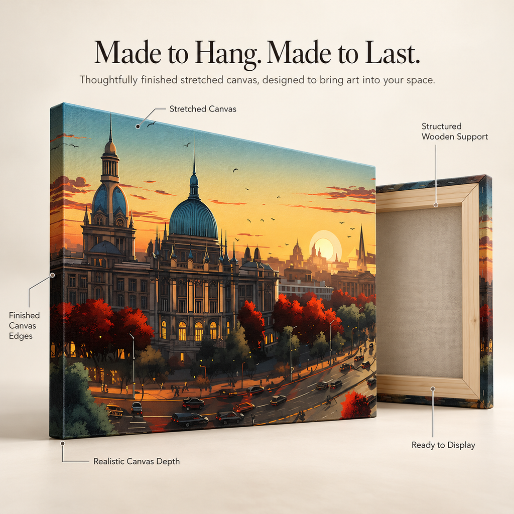 Dome Dreams – Golden Hour Over the City on Stretched Canvas