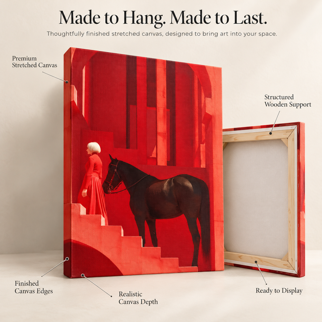 The Keeper of Red Silence – Equine Poise in a Crimson Labyrinth – Stretched Canvas for Luxe Interiors, Art-Focused Corners & Statement Spaces