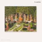 Krishna in Vrindavan - Radha Gopis Cowherd Miniature - Stretched Canvas For Meditation Room Living Area Spiritual Corners