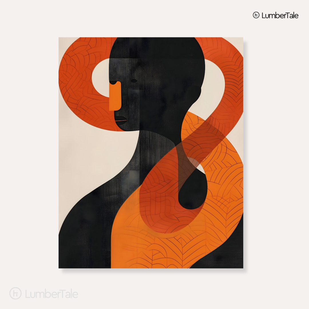 The Quiet Geometry of Thought – Abstract Silhouette in Burnt Orange & Onyx – Stretched Canvas for Modern Studios, Curated Galleries & Reflective Spaces