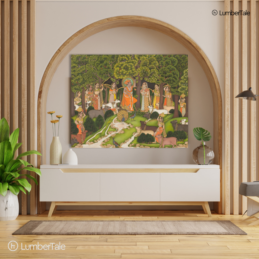 Krishna in Vrindavan - Radha Gopis Cowherd Miniature - Stretched Canvas For Meditation Room Living Area Spiritual Corners