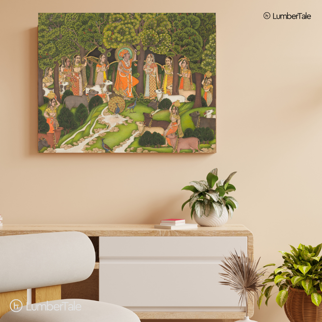 Krishna in Vrindavan - Radha Gopis Cowherd Miniature - Stretched Canvas For Meditation Room Living Area Spiritual Corners