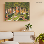 Krishna in Vrindavan - Radha Gopis Cowherd Miniature - Stretched Canvas For Meditation Room Living Area Spiritual Corners