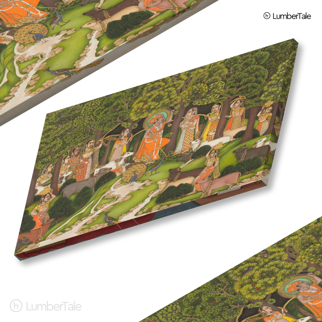 Krishna in Vrindavan - Radha Gopis Cowherd Miniature - Stretched Canvas For Meditation Room Living Area Spiritual Corners