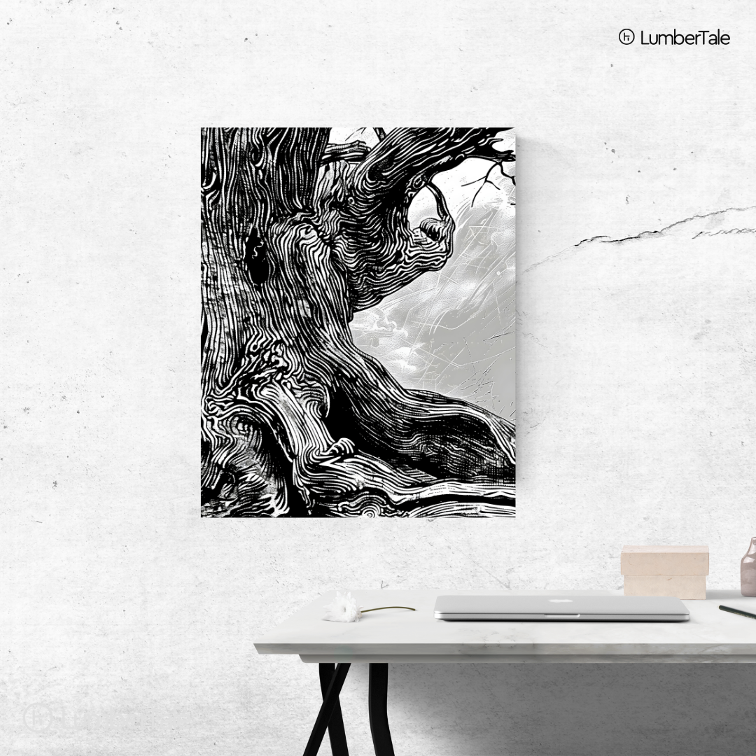 Twisted Roots & Midnight Whispers - Monochrome Tree Drama - Stretched Canvas For Moody Corners, Thoughtful Walls, and Earthy Aesthetes