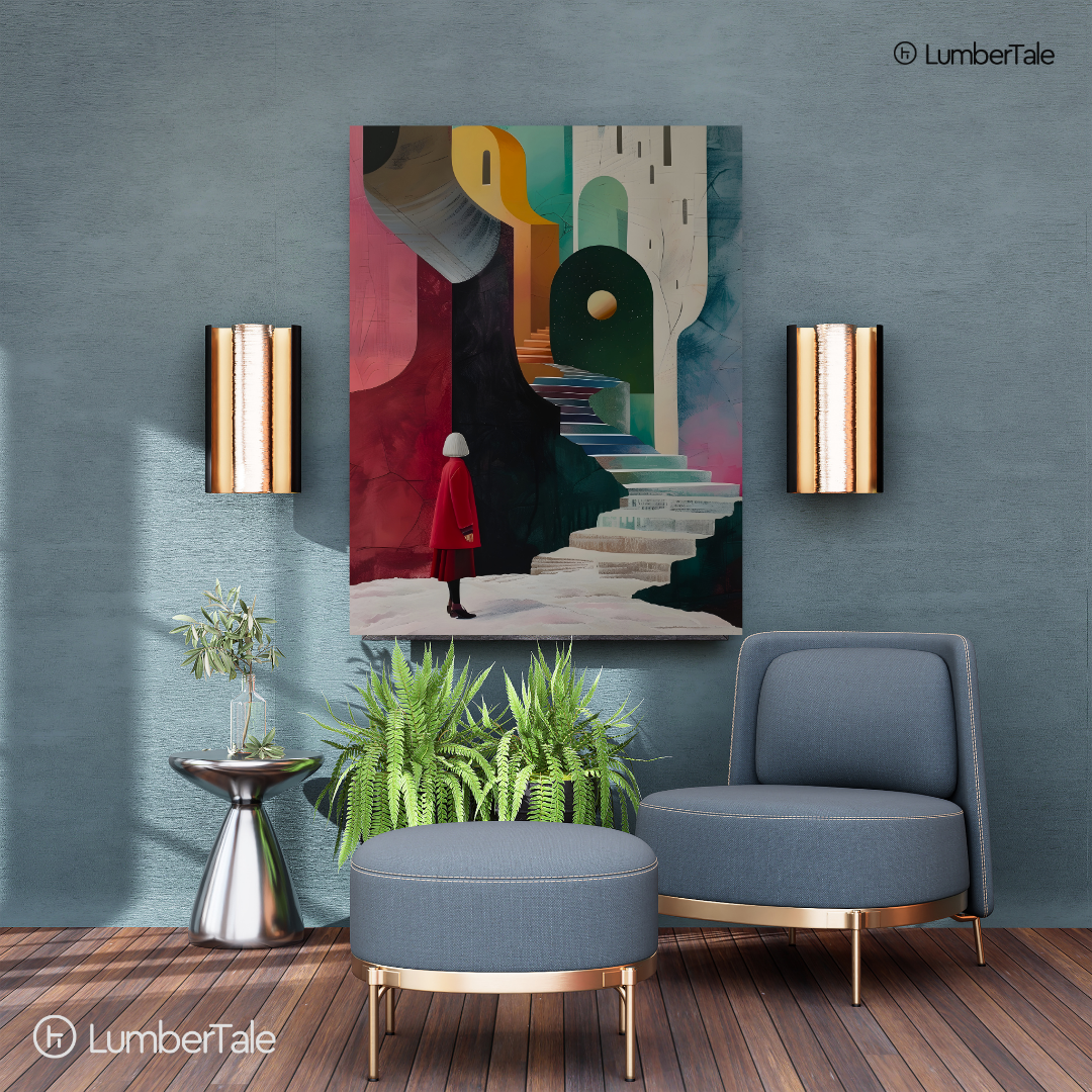Stairways & Strange Moons - A Surrealist Stroll - Stretched Canvas For Art-Obsessed Corners, Gallery Walls, and Cosmic Daydreamers