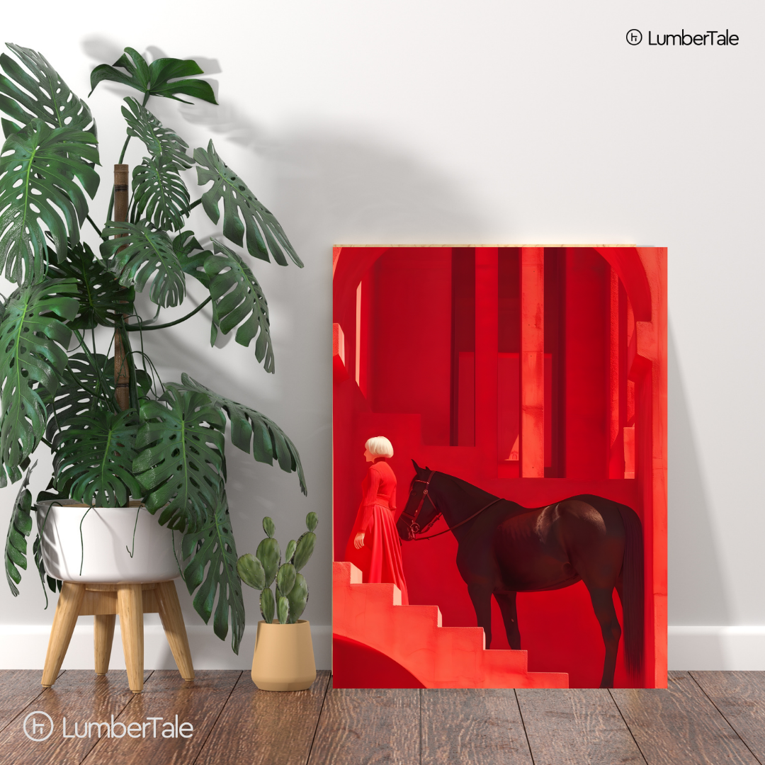 The Keeper of Red Silence – Equine Poise in a Crimson Labyrinth – Stretched Canvas for Luxe Interiors, Art-Focused Corners & Statement Spaces