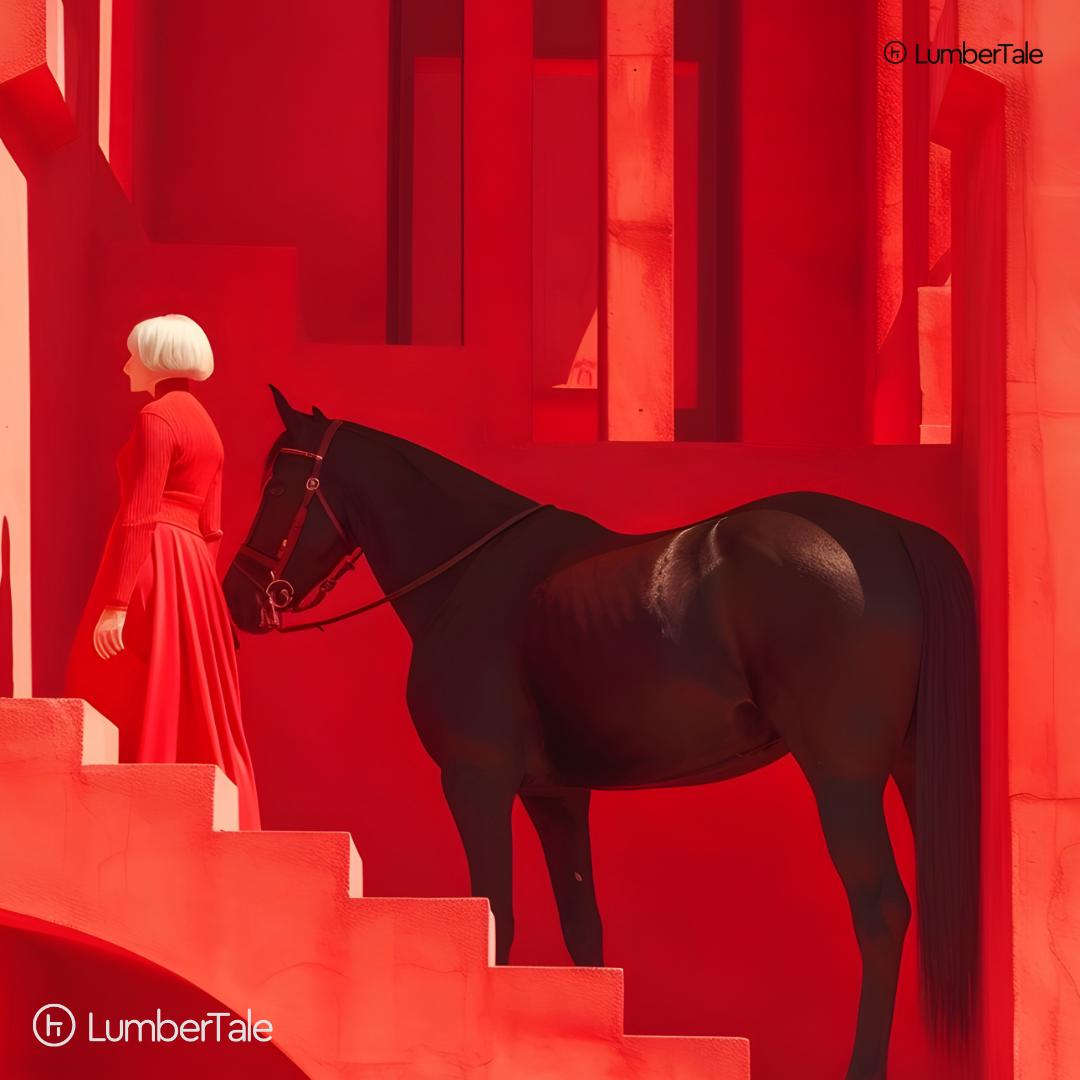 The Keeper of Red Silence – Equine Poise in a Crimson Labyrinth – Stretched Canvas for Luxe Interiors, Art-Focused Corners & Statement Spaces