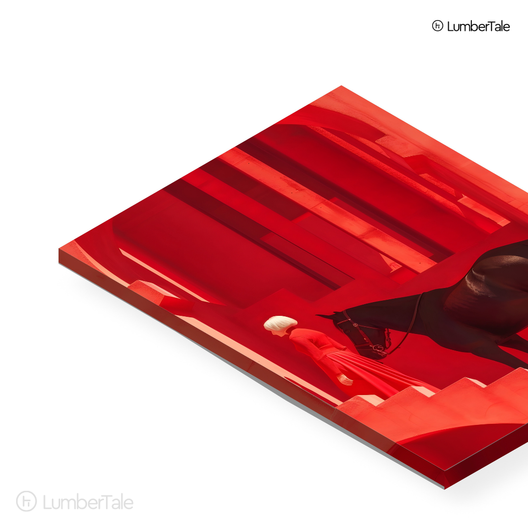 The Keeper of Red Silence – Equine Poise in a Crimson Labyrinth – Stretched Canvas for Luxe Interiors, Art-Focused Corners & Statement Spaces