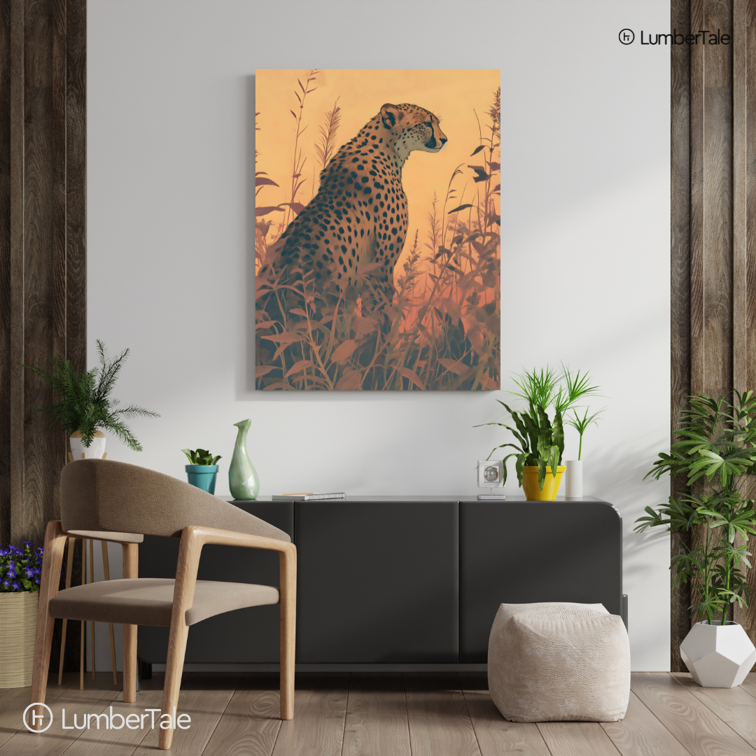 Solstice Sentinel – Cheetah in the Amber Stillness – Stretched Canvas for Earthy Interiors, Nature-Inspired Walls & Curated Silence