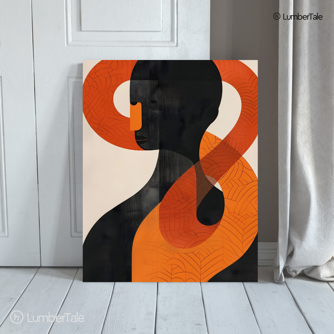 The Quiet Geometry of Thought – Abstract Silhouette in Burnt Orange & Onyx – Stretched Canvas for Modern Studios, Curated Galleries & Reflective Spaces