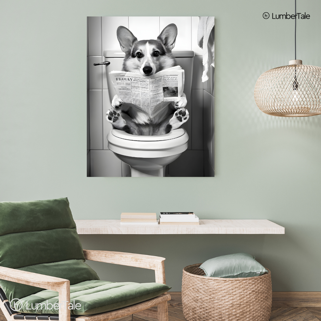 Pawperazzi Privacy – The Toilet Corgi Chronicles – Stretched Canvas for Loo Laughs, Guest Bathrooms & Dog-Loving Homes