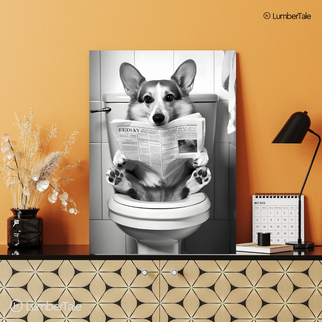 Pawperazzi Privacy – The Toilet Corgi Chronicles – Stretched Canvas for Loo Laughs, Guest Bathrooms & Dog-Loving Homes