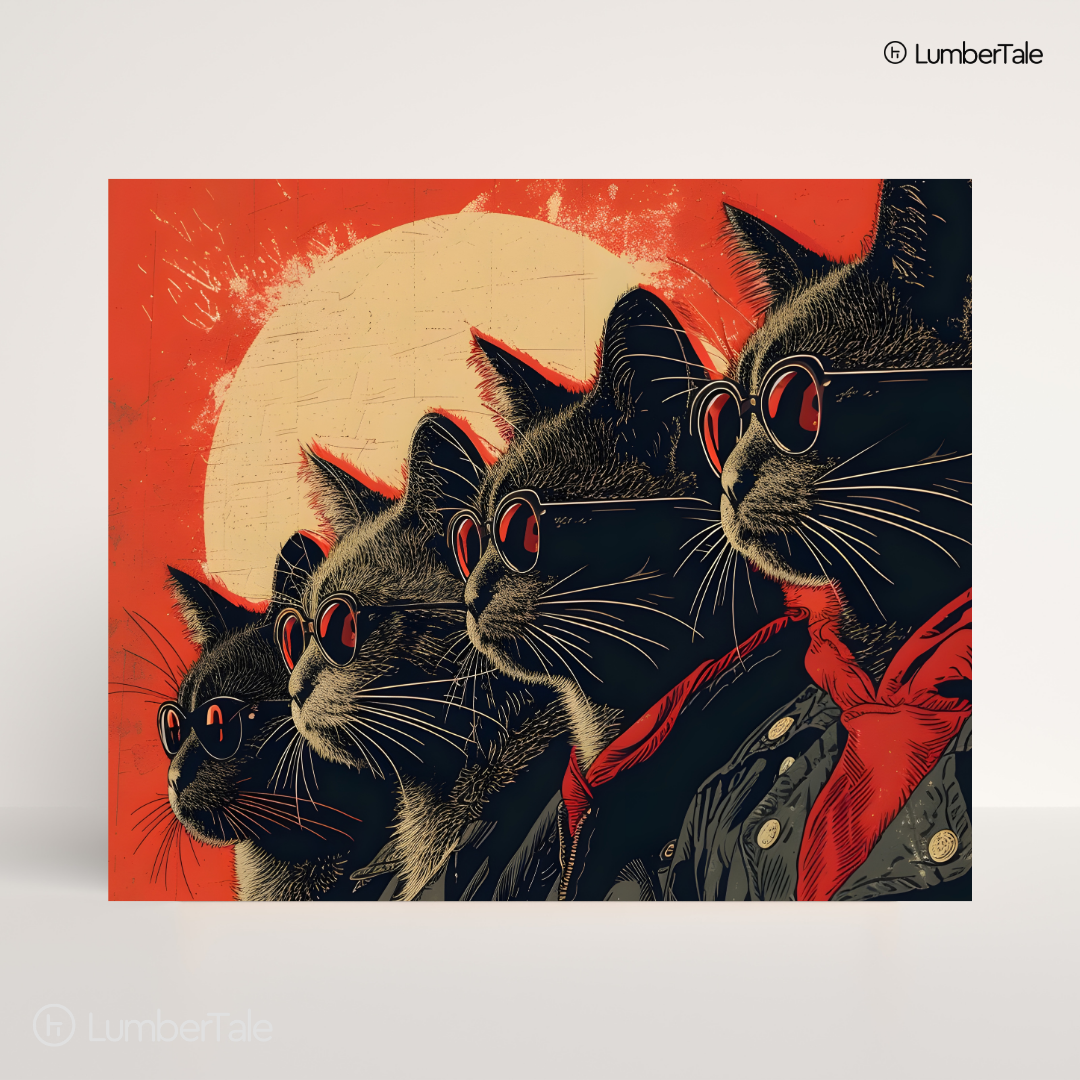 The Meowbassadors – Cats, Coolness & Crimson Vibes – Stretched Canvas for Rebels With Claws