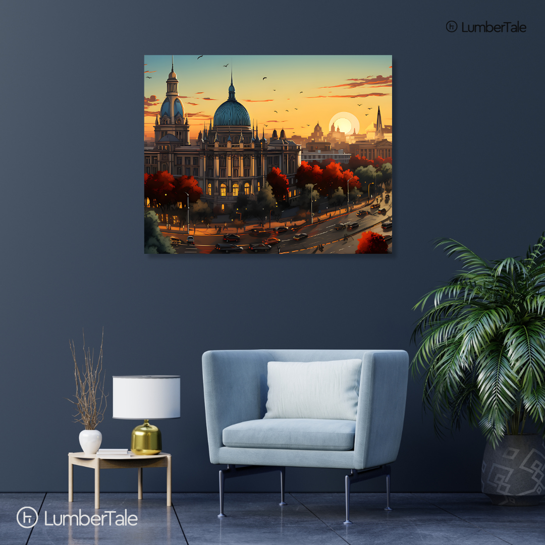Dome Dreams – Golden Hour Over the City on Stretched Canvas
