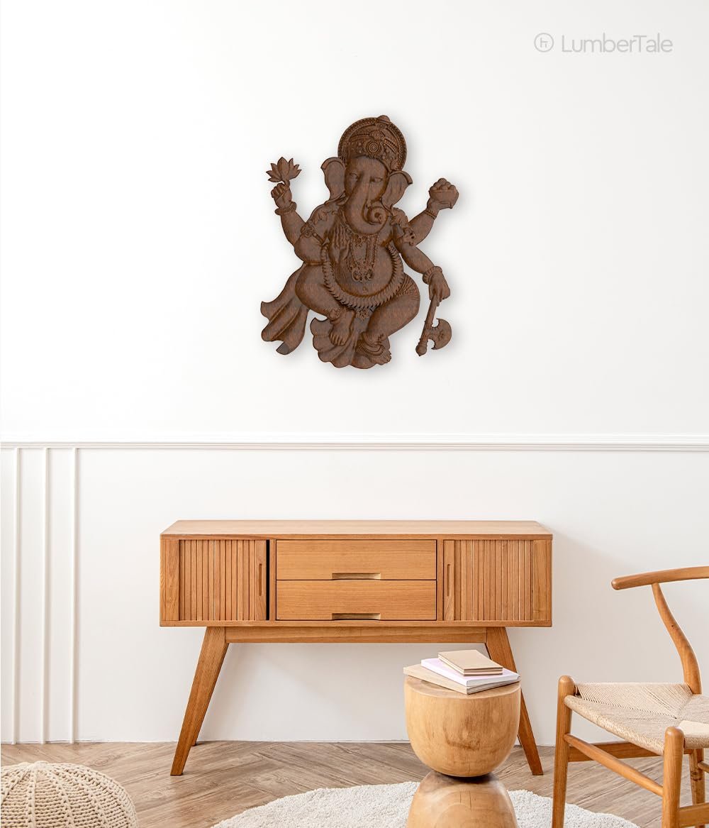 Brown 3D Wooden Art Ganesha For Home Wall Decor Religious Good Luck Decorative Showpiece - 45 Cm