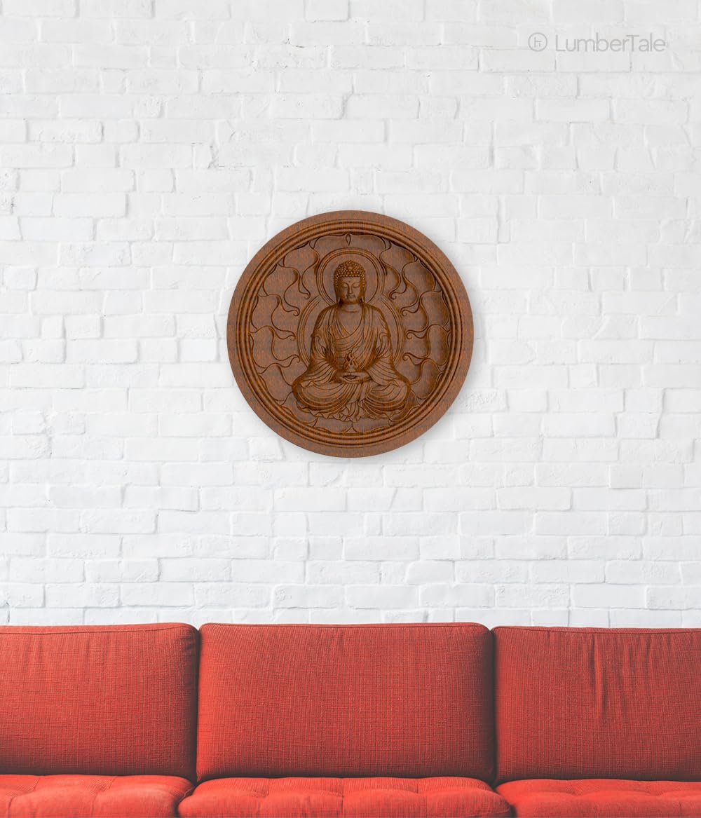Brown Peace Buddha Spiritual 3D Wooden Art Crafted Wall Hanging Sculpture For Home Decor