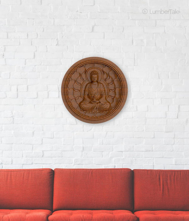 Brown Peace Buddha Spiritual 3D Wooden Art Crafted Wall Hanging Sculpture For Home Decor Hover Image