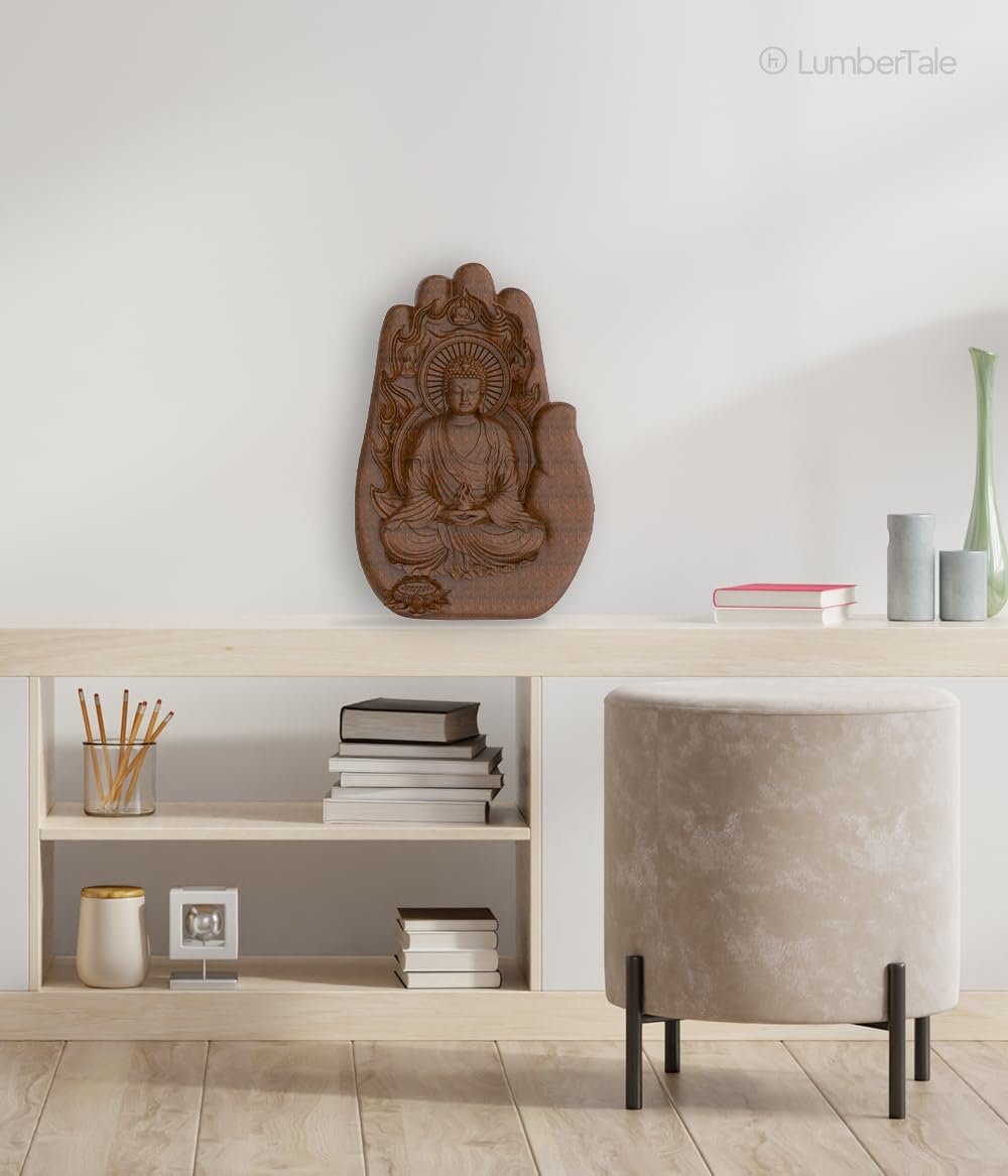 Brown Tolerance Buddha Spiritual 3D Wooden Art Crafted Wall Hanging Sculpture For Home Decor